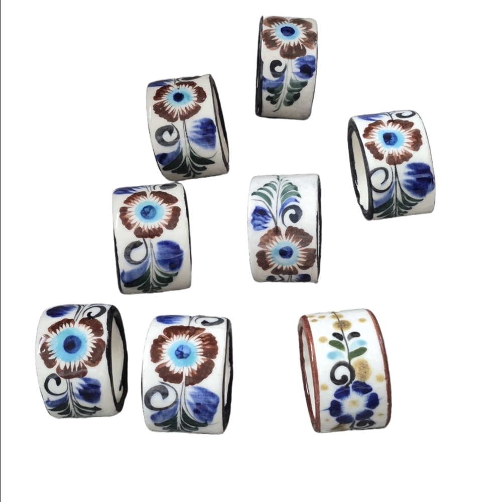 Floral Ceramic Mexican Tonala Napkin Rings with Wooden Caddie - Picture 4 of 9